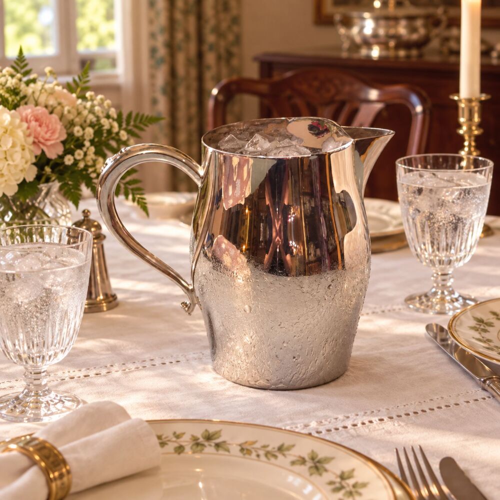 Vintage Wm A Rogers Silverplate Water Pitcher Ice Guard Ornate Handle 6.5”